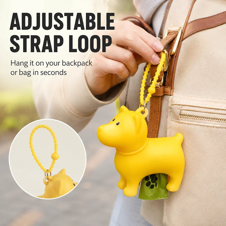 Dog Poop Bag Holder PVC Dog Shape Waste Bag Dispenser Clip-on Leash Backpack Portable Pet Cleanup Box for Outdoor Walks Trips