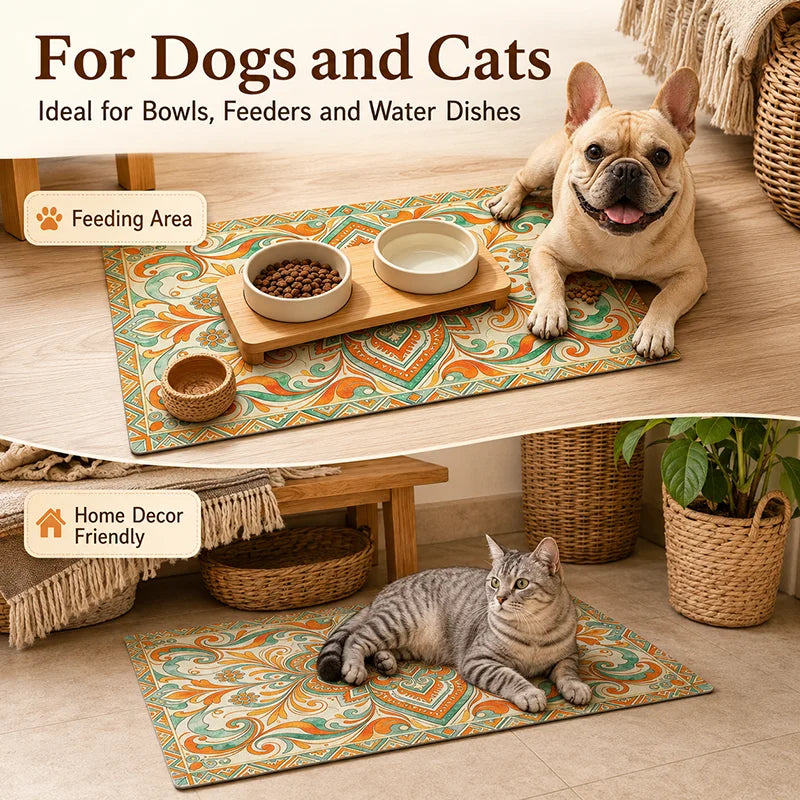 Bohemian Pet Feeding Mat Waterproof Non Slip Dog Cat Bowl Placemat Easy Clean Vintage Persian Style Floor Protector