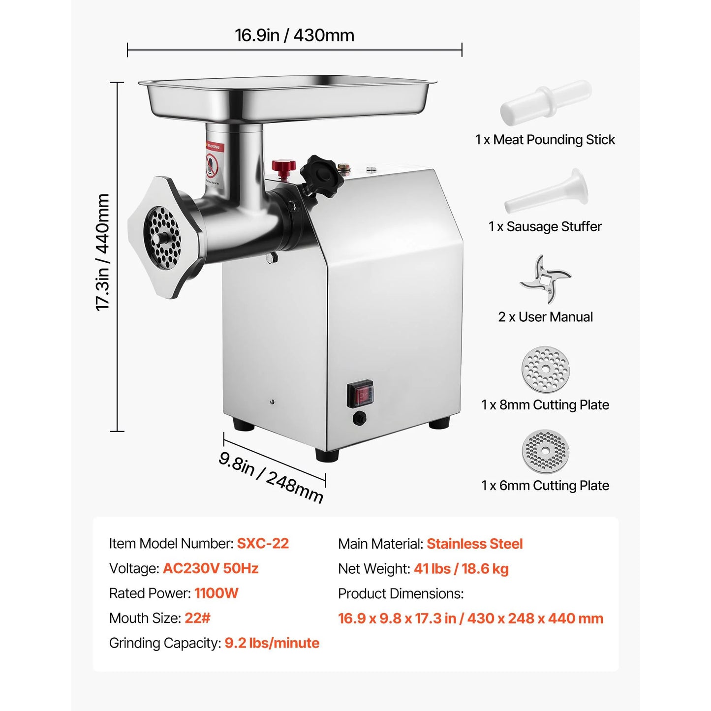 SucceBuy Meat Grinder 4.5 Lbs-9.2Lbs/Min Capacity Electric Meat Mincer w/ Blade Grinding Plate Sausage Maker for Kitchen Home