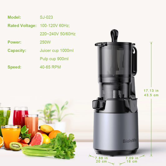 BioloMix Slow Masticating Juicer Cold Press with 130mm Feed Chute BPA Free High Juice Yield Whole Fruit & Vegetable Juicer