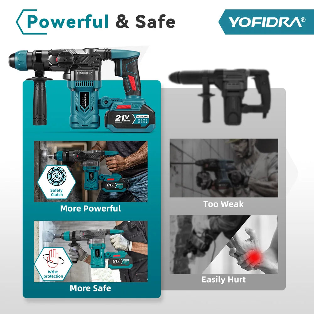 YOFIDRA 2200W Borstelloze Elektrische Hamerboor 26MM Multifunctionele Schroevendraaier Roterend Elektrisch Gereedschap voor Makita 21V Accu Pin