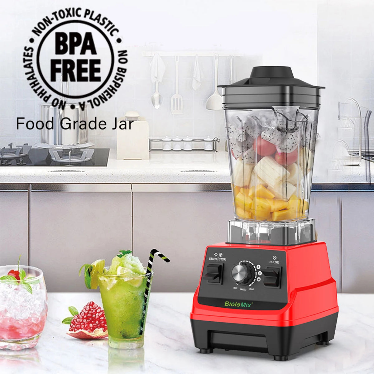 Mini mixeur BioloMix Pro, moteur 1800 W, bol principal 1,8 L, gobelet portable 0,6 L, sans BPA, extracteur de jus, préparateur de smoothies et moulin robuste