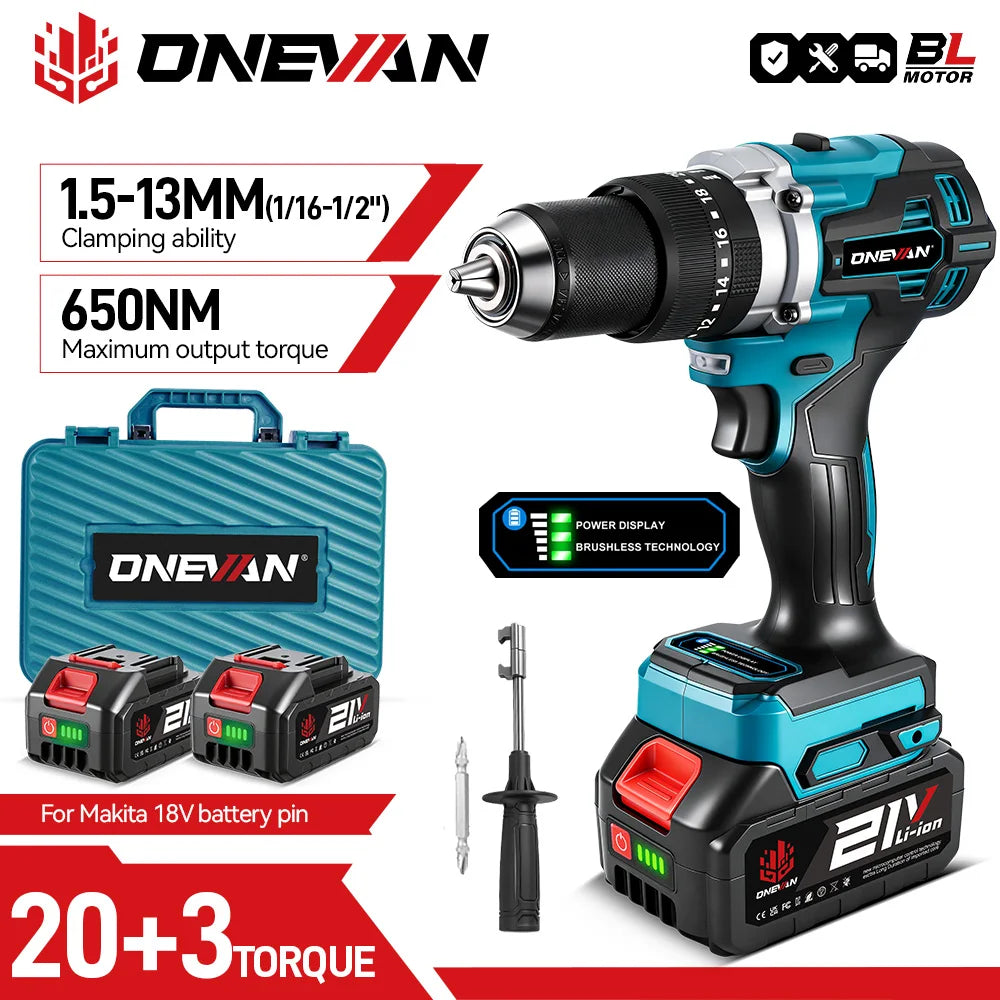 ONEVAN 13MM 650N.M Borstelloze Elektrische Slagboormachine 20+3 Koppel Elektrische Klopboormachine Elektrisch Gereedschap voor Makita 18V Accu