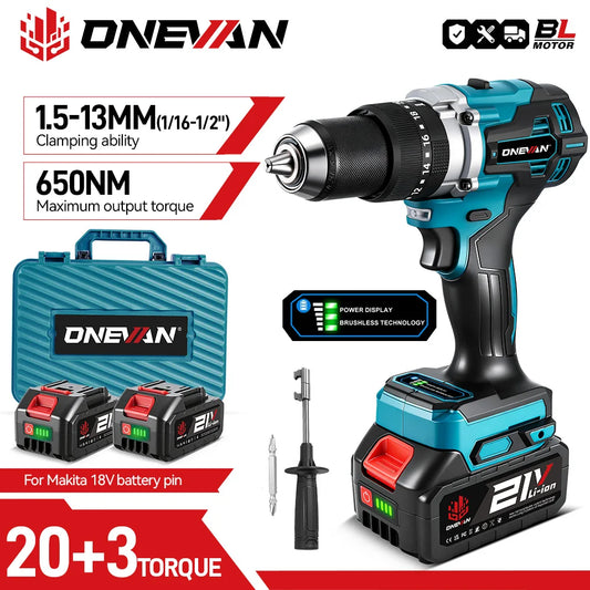 ONEVAN 13MM 650N.M Brushless Electric Impact Drill 20+3 Torque Electric Hammer Drill Power Tool For Makita 18V Battery Pin