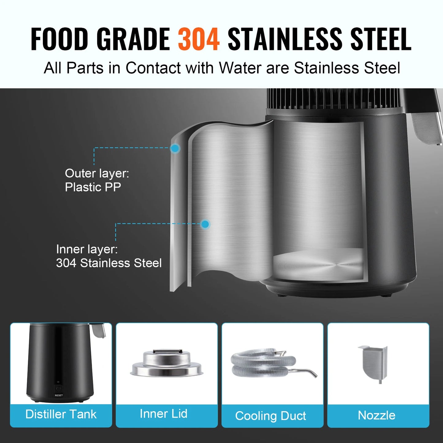 SucceBuy 4L Water Distiller 1.05 Gallon Pure Water Purifier Filter For Home Countertop Distilled Water Maker Stainless Steel Interior Distiller Water Making Machine