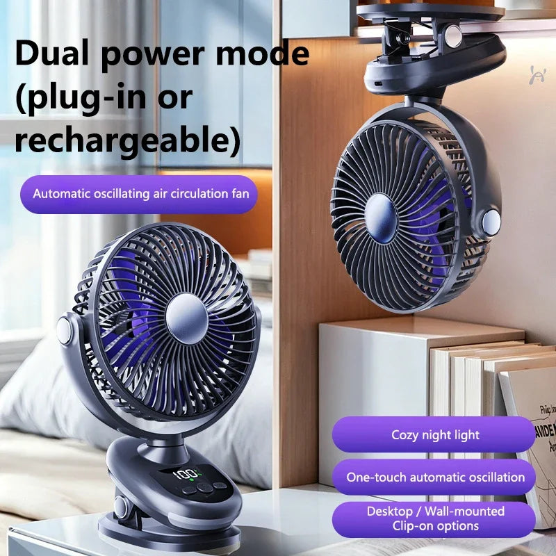 Lenovo stille circulatieventilator voor slaapkamer, USB-oplading, automatische zwenkfunctie, clip-on, digitaal display, ventilator voor kantoor, slaapzaal, bureau en nachtlampje