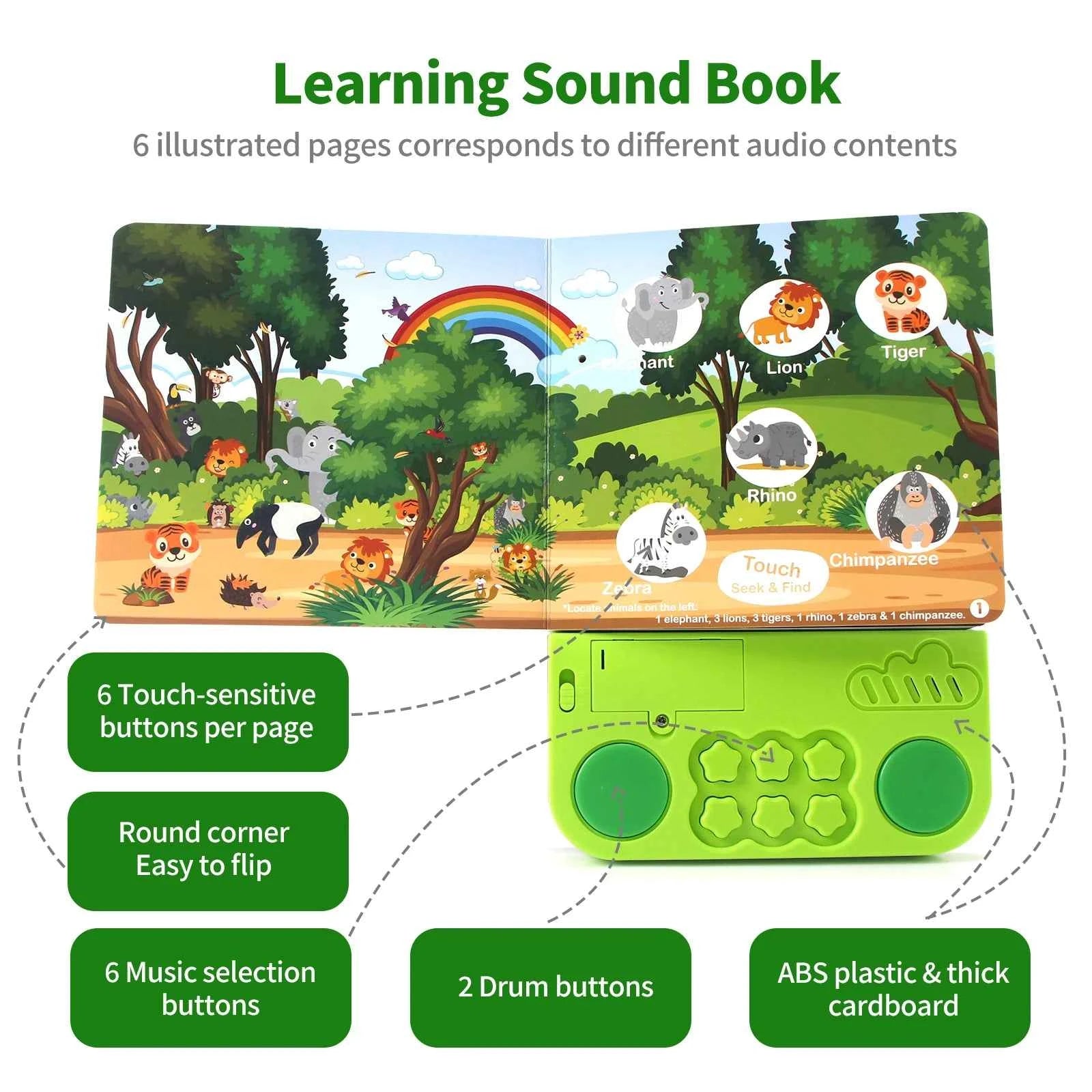 Kids Interactive Audio Books with Melody & Lights - Educational Pre-school Toys with Drum Sounds and Animal Themes