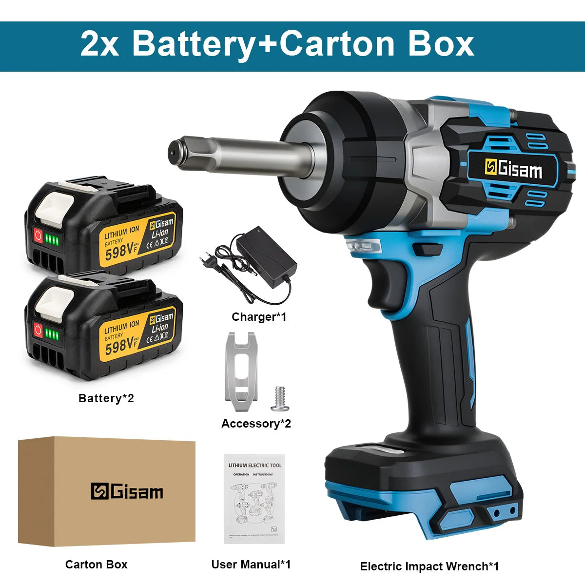 Gisam 2800N.M Brushless Electric Extended Anvil Impact Wrench 1/2'' Cordless Electric Wrench Tool For makita 18v battery pins
