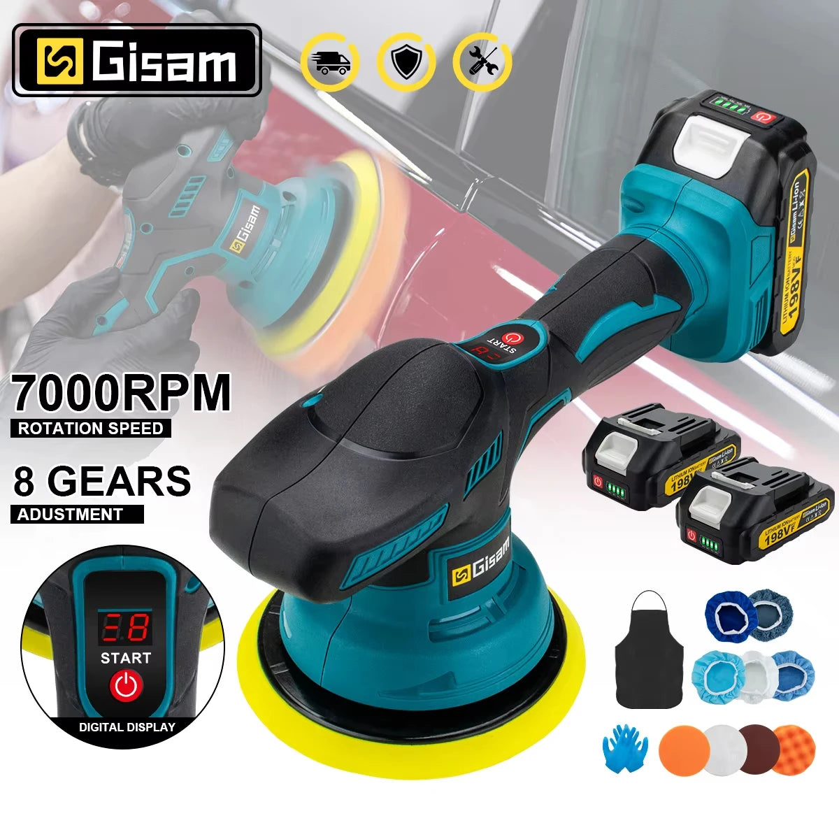 Polisseuse de voiture sans fil Gisam, 8 vitesses réglables, outil électrique pour cirage, ponçage et lustrage, compatible avec batterie Makita 18V