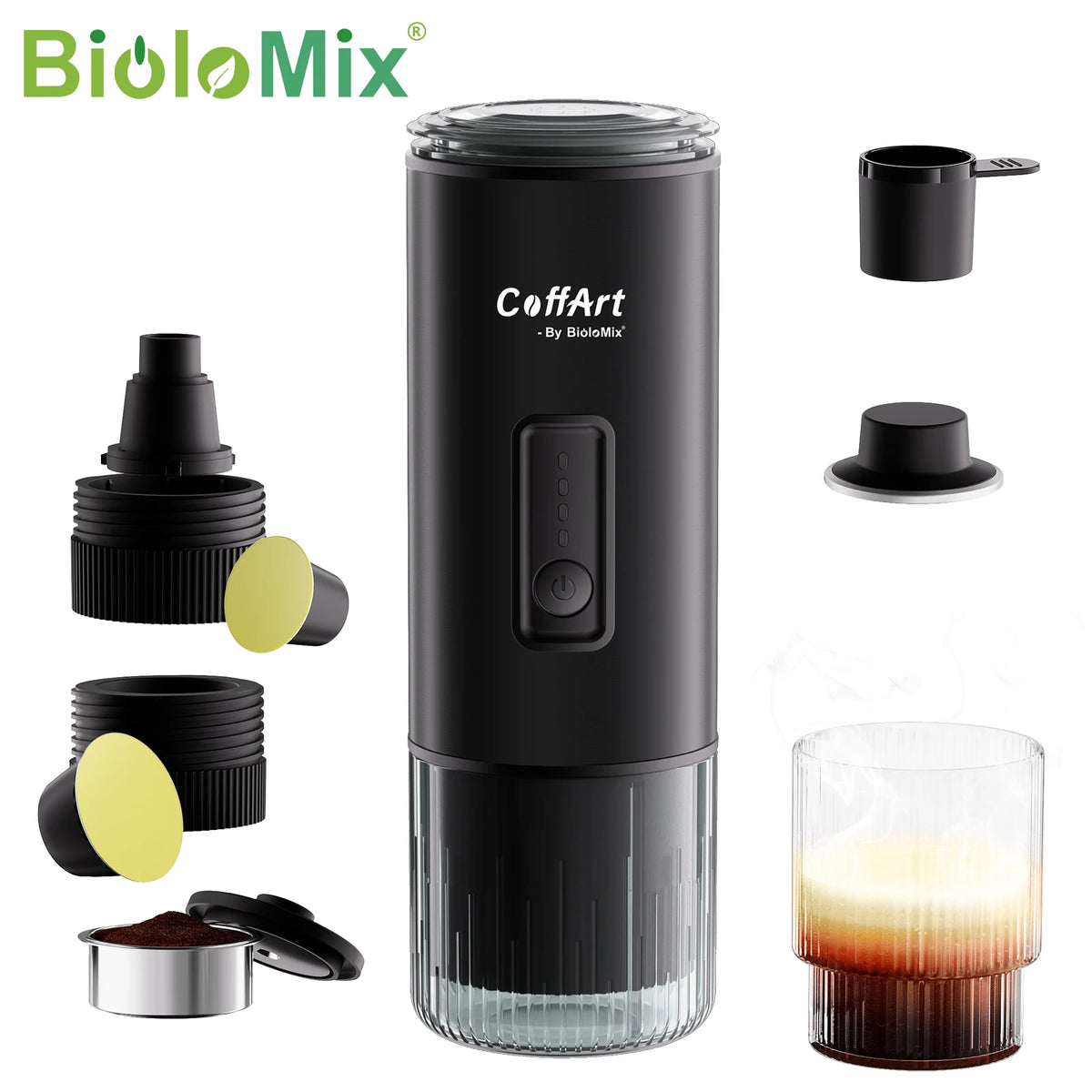 BioloMix Draagbaar Koffiezetapparaat 3-in-1 USB/12V Reis-espressomachine voor Nespresso Dolce Gusto-cups en gemalen koffie