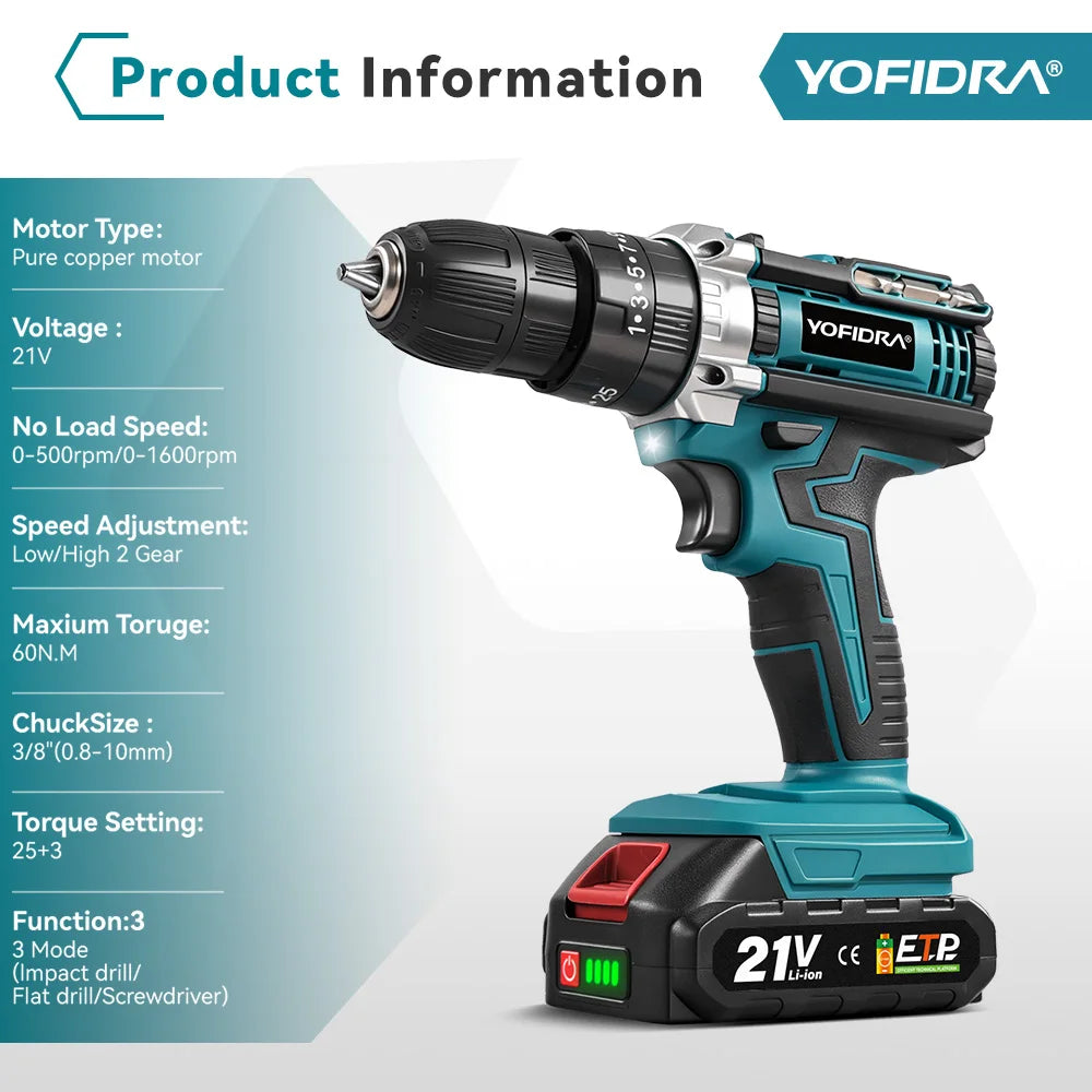 YOFIDRA 25+3 Torque Electric Impact Drill Cordless Multifunction Drill Screwdriver Home DIYPower Tool for Makita 21V Battery Pin