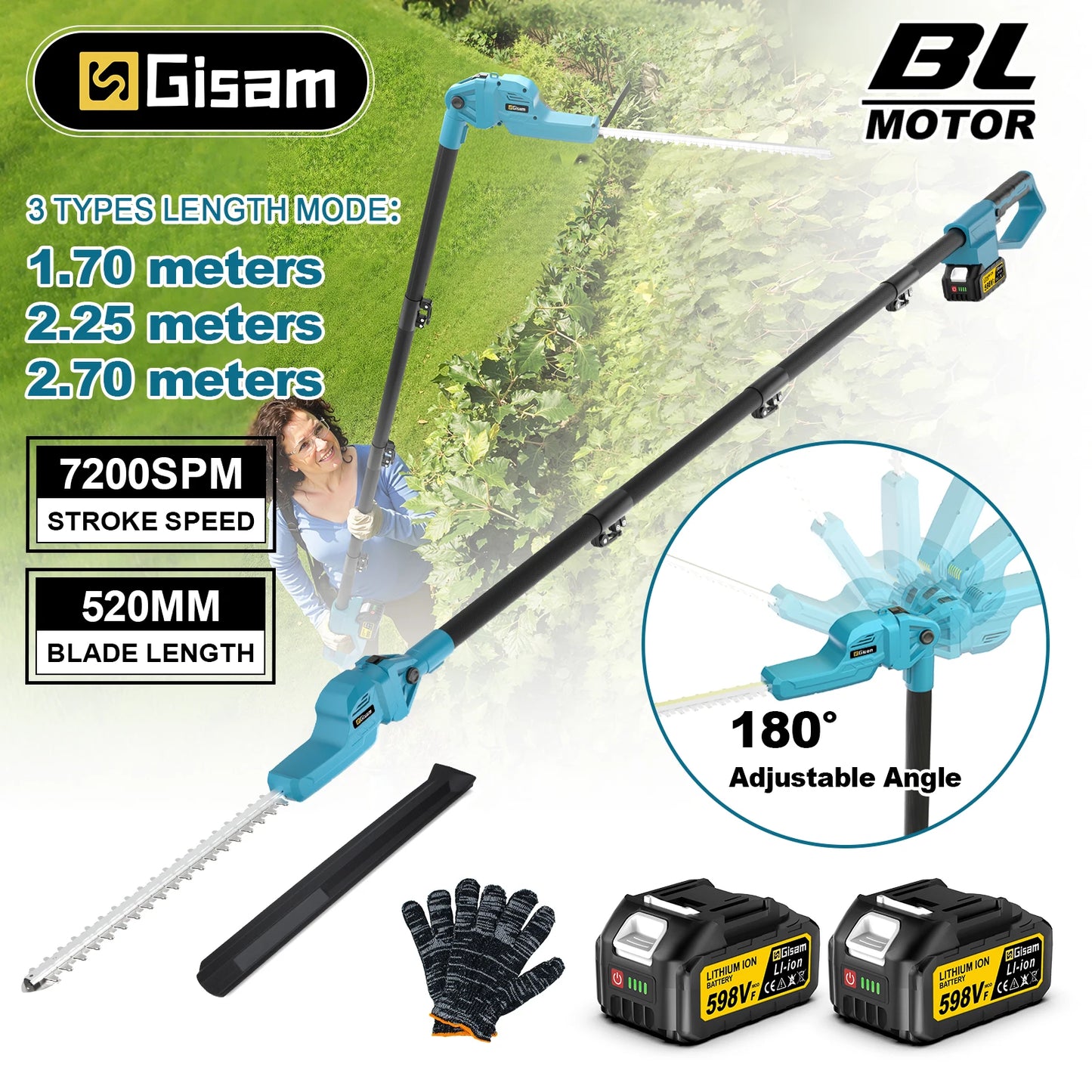 Gisam 7200SPM Electric High Branch Hedge Trimmer Brushless Cordless Telescopic Hedge Shear Power Tool For Makita 18v Battery Pin