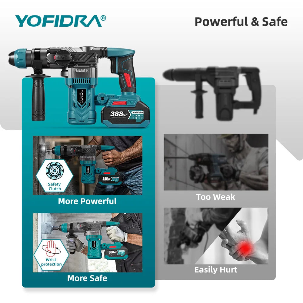 YOFIDRA 2200W Brushless Electric Hammer Impact Drill 26MM Multi-function Screwdriver Rotary Power Tool For Makita Battery Pin