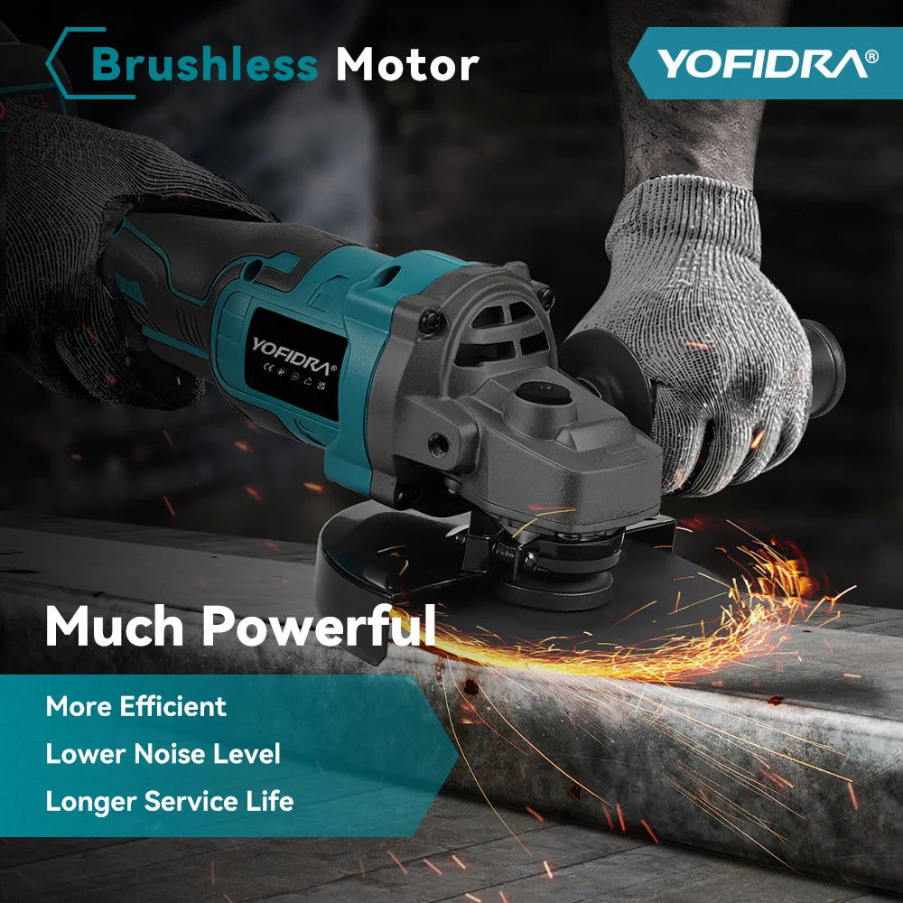 YOFIDRA 125mm 3 Gears Brushless Angle Grinder Cordless Grinding Machine Cutting Woodworking Power Tool For Makita Battery Pin