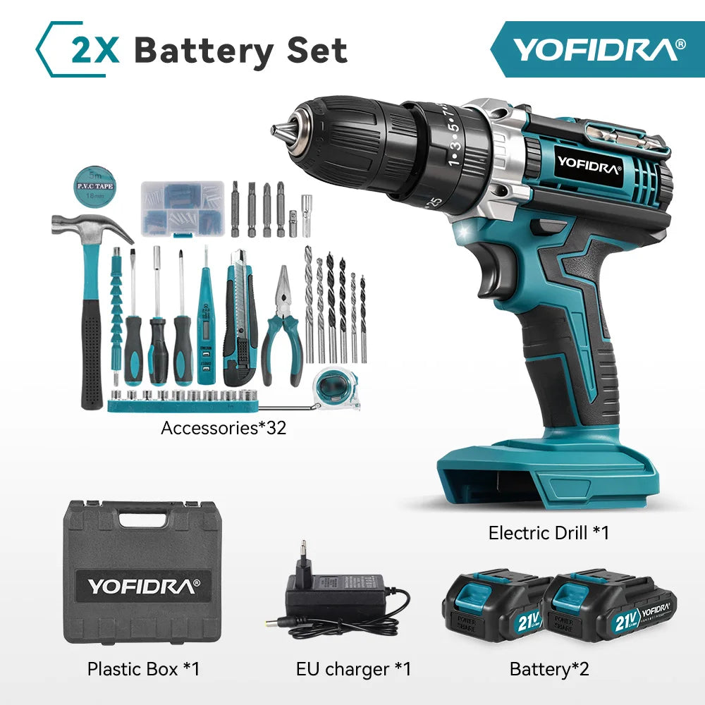 YOFIDRA 25+3 Torque Cordless Electric Impact Drill Multifunction Screwdriver Househeld DIY Power Tool For Makita 21V Battery Pin