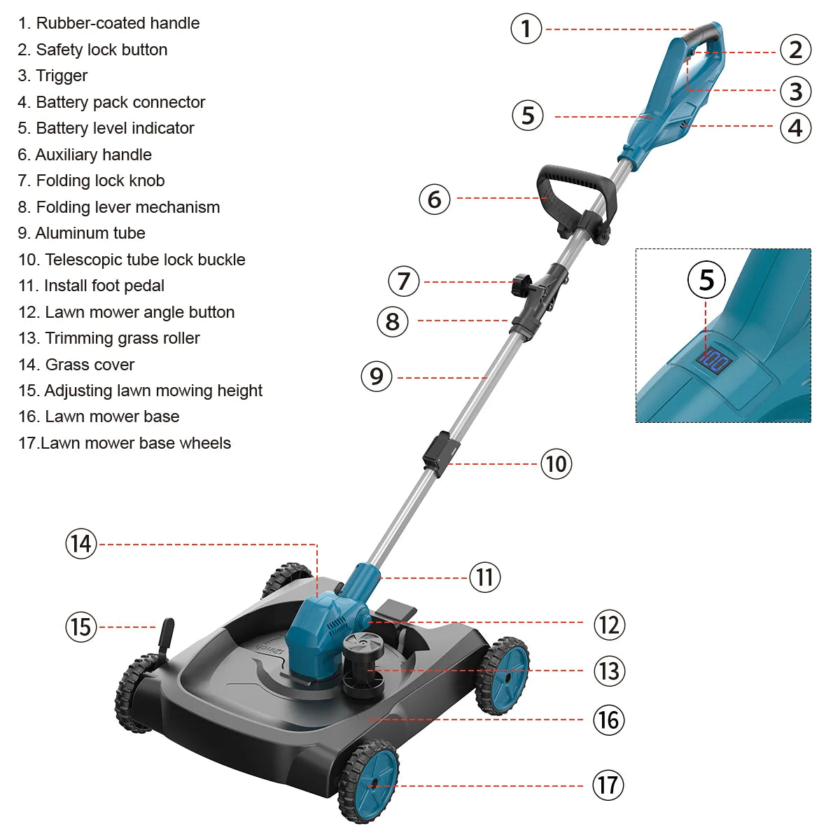 Gisam Cordless Electric Lawn Mower 3in1 Brushless Foldable Grass Trimmer 12Inch Garden Pruning Tool For Makita 18V Battery Pin