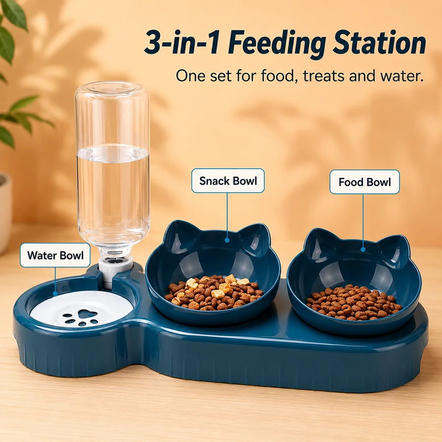 Automatic Cat Feeder Bowl Set with Dual 15° Tilted Bowls Gravity Water Dispenser Stable Base for Cats Small Dogs