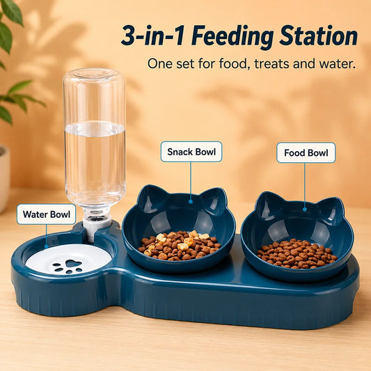 Automatic Cat Feeder Bowl Set with Dual 15° Tilted Bowls Gravity Water Dispenser Stable Base for Cats Small Dogs