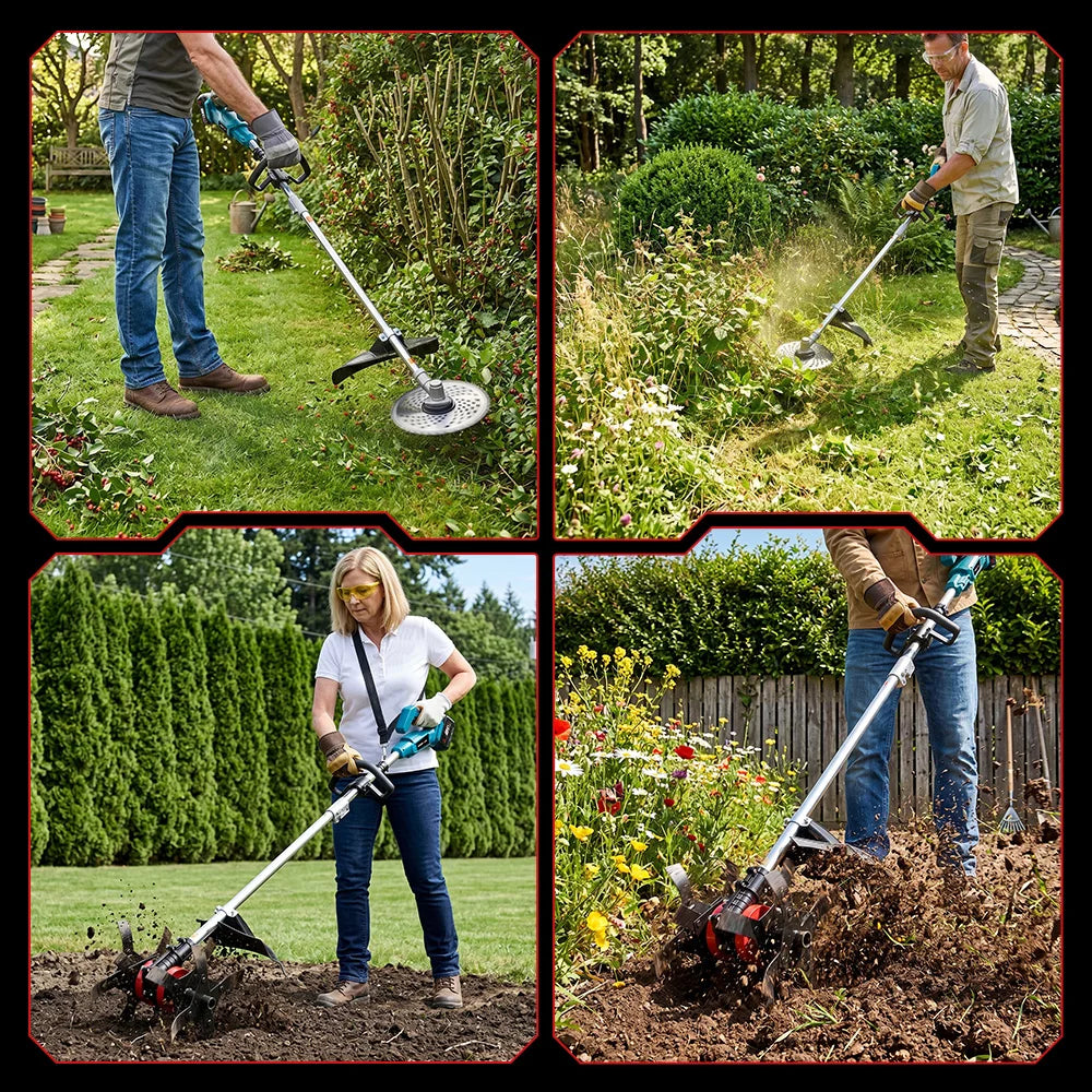 ONEVAN 2-in-1 Borstelloze Elektrische Grasmaaier Tuinfrees Accu Grastrimmer Tuingereedschap voor Makita 21V Accu Pin