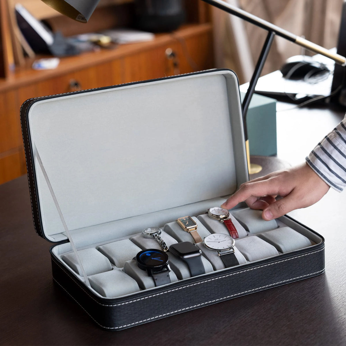 12/10/6 Slot Watch Organizer Box, Zippered Travel Case Luxury PU Leather Watch Storage Box,  Watch Collection Display Holder