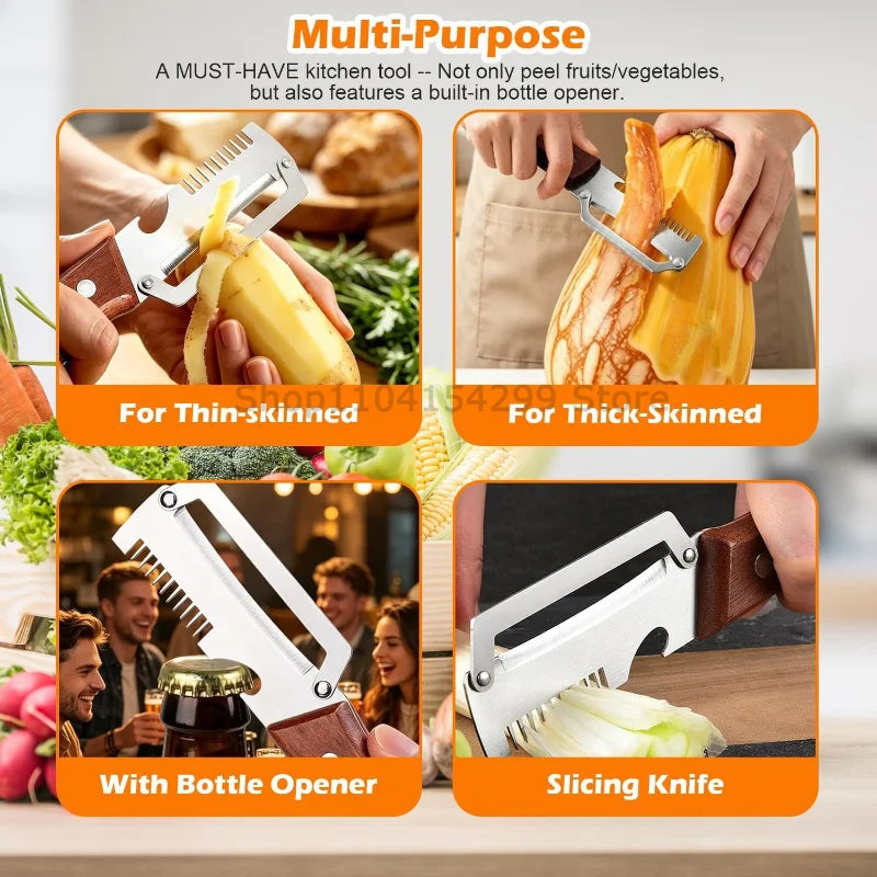 New Paring Knife Ergonomic Wood Handle Knife Stainless Steel Vegetable Peeler with Wooden Handle 2-in-1 Fruit Potato Peeler
