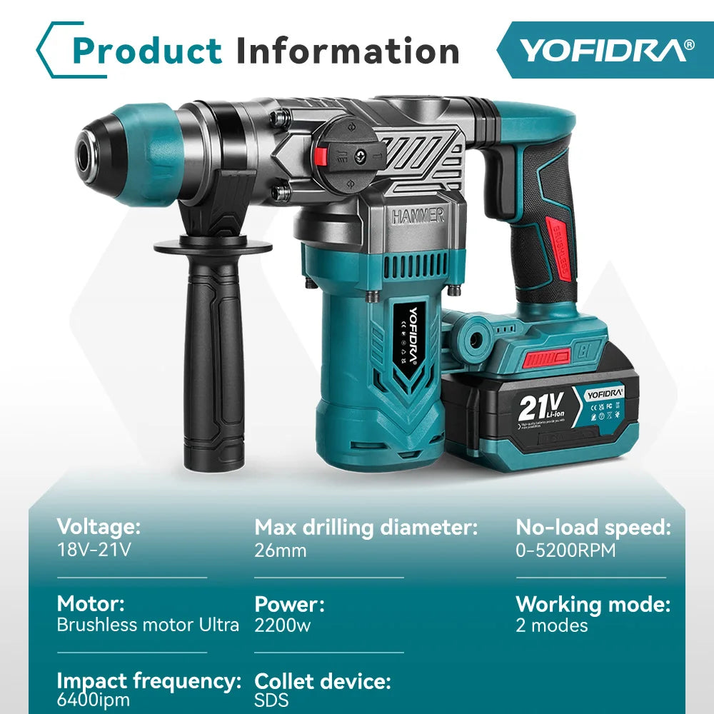 YOFIDRA 2200W Borstelloze Elektrische Hamerboor 26MM Multifunctionele Schroevendraaier Roterend Elektrisch Gereedschap voor Makita 21V Accu Pin