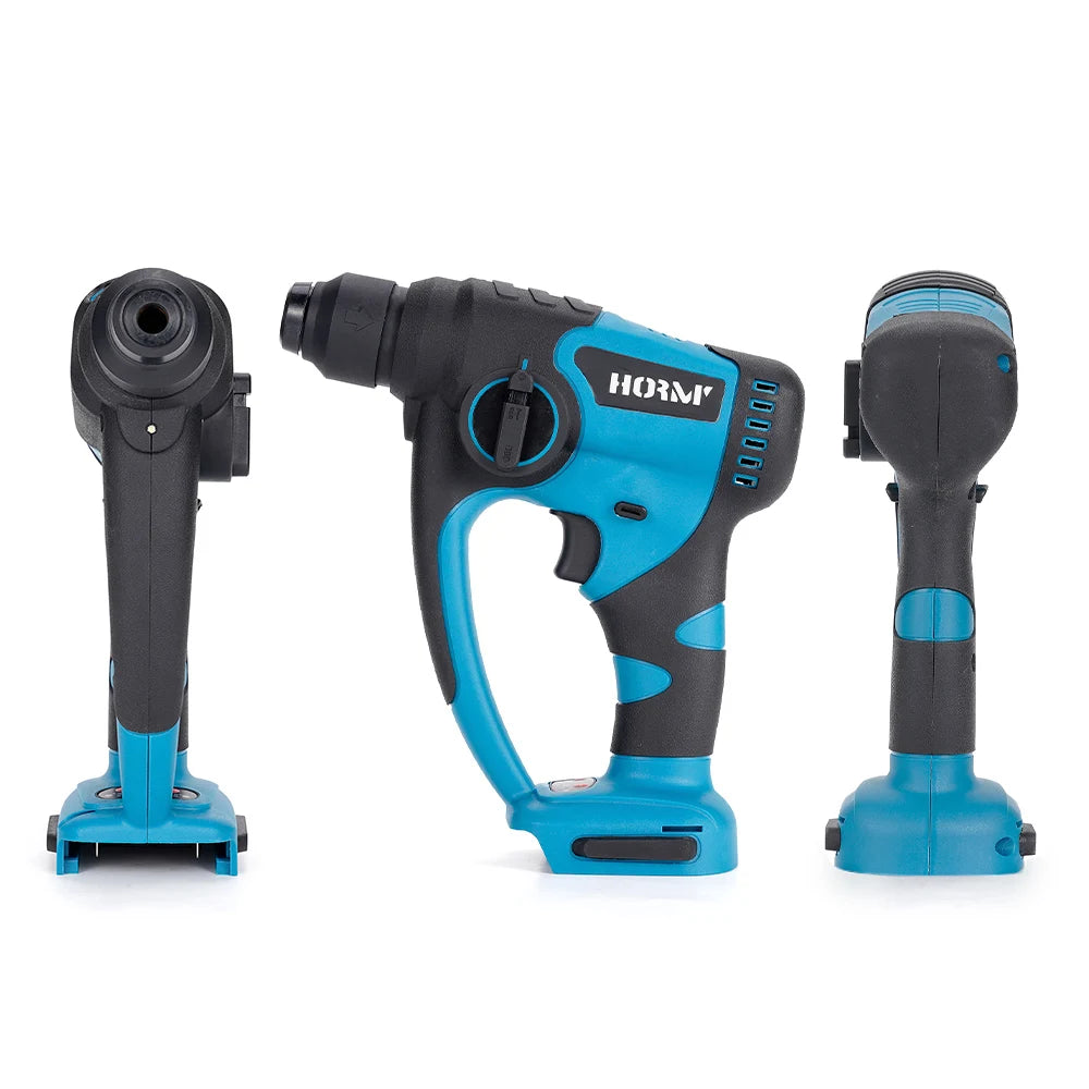 A turquoise and black cordless rotary hammer drill with a D-handle.
