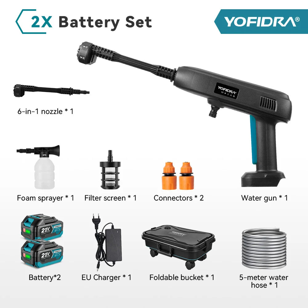 YOFIDRA 6 IN 1 100Bar Electric Water Spray Gun with 22L Foldable Water Bucket Home Car Washing Machine for Makita 18V-21V Battery Pin