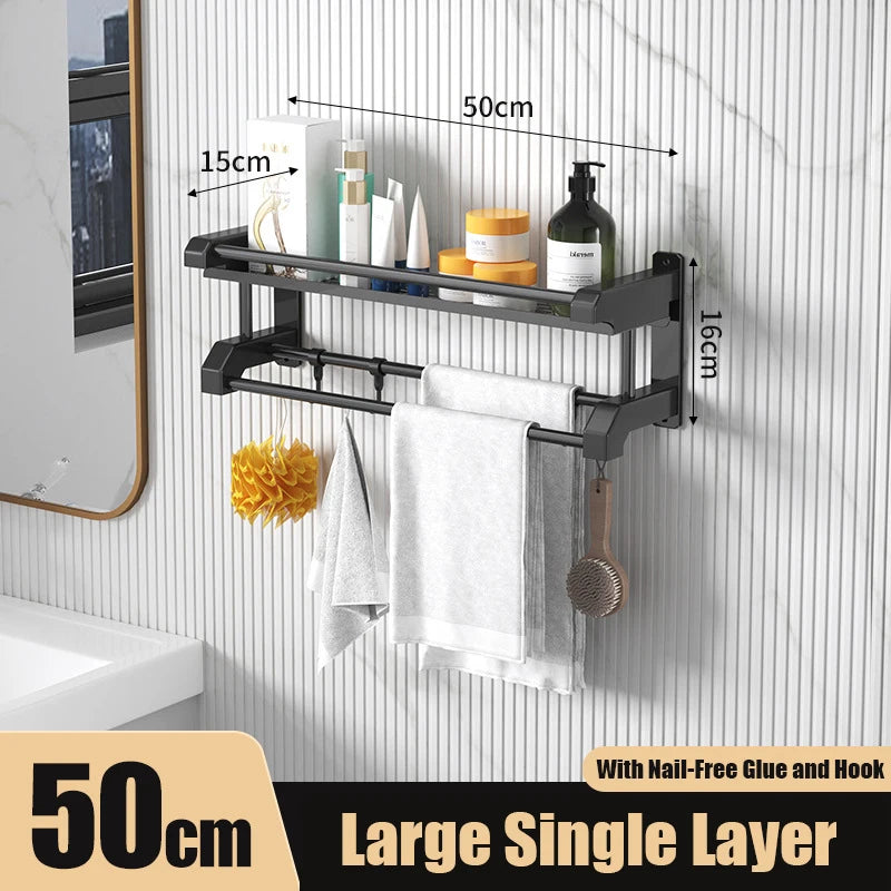 Bathroom Organizer and Storage,2 Layers Bathroom Shelves with Hooks,Bathroom Towel Bar Shelf,Wall Mounted Storage Shelf (Black)