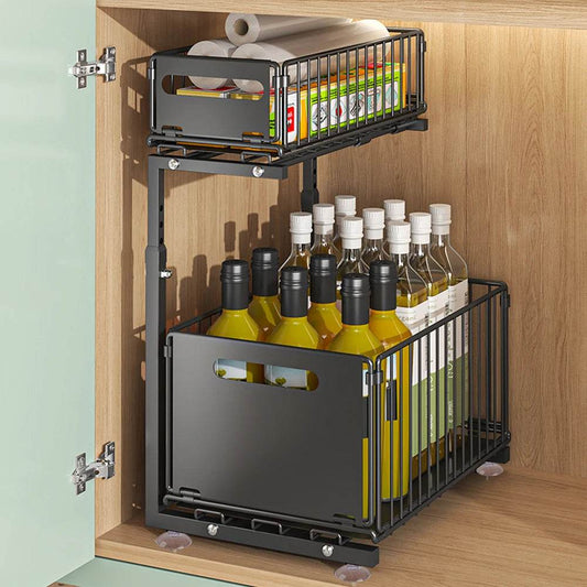 Adjustable Kitchen Storage Rack, Pull Out Cabinet Organizer Under Sink Spice Jar Storage Stand Slide Out Drawer - Quality Shopping Centre
