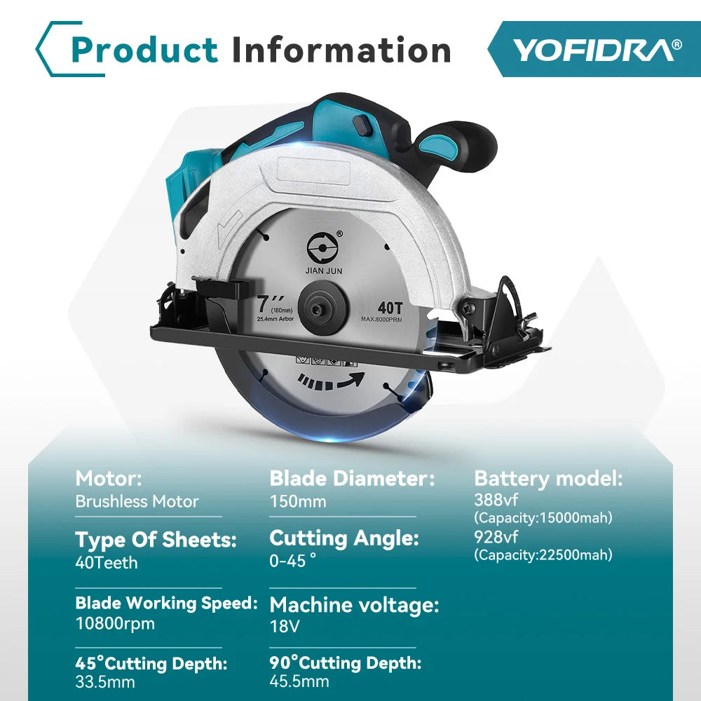 YOFIDRA 185MM Brushless Electric Circular Saw Rechargeable Household Saw Multifunction Cutting Machine For Makita Battery Pin