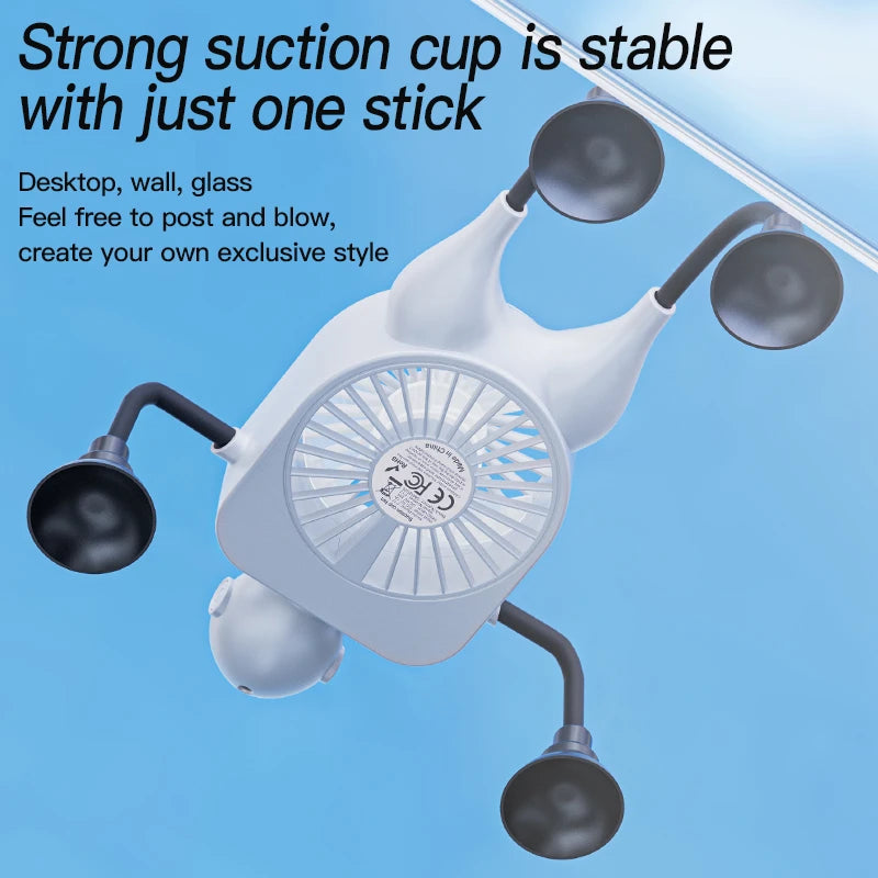Mini 2-in-1 USB Cartoon Fan with Suction Cup & Digital Display - Perfect Phone Holder for Desktop Fun!