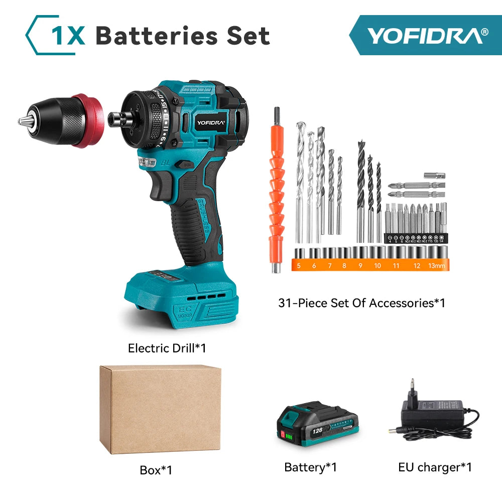 YOFIDRA 2-in-1 borstelloze elektrische schroevendraaier handboormachine met zeskantopname, huishoudelijke elektrische gereedschapsset voor Makita-accu