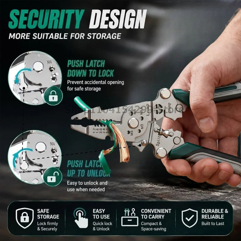 Foldable 18in1 Wire Cutter Wire Stripper Crimper Wire Stripping Tool Cable Stripper Wiring Tools WireCrimping Tool Safety Lock