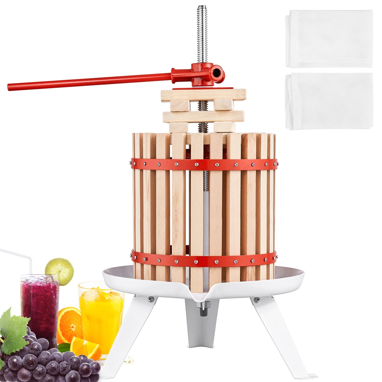 SucceBuy 6-18L Fruit Wine Press Solid Wood Basket  6 or 8 Blocks Manual Juice Maker with Pole Handle Bar for Kitchen and Home