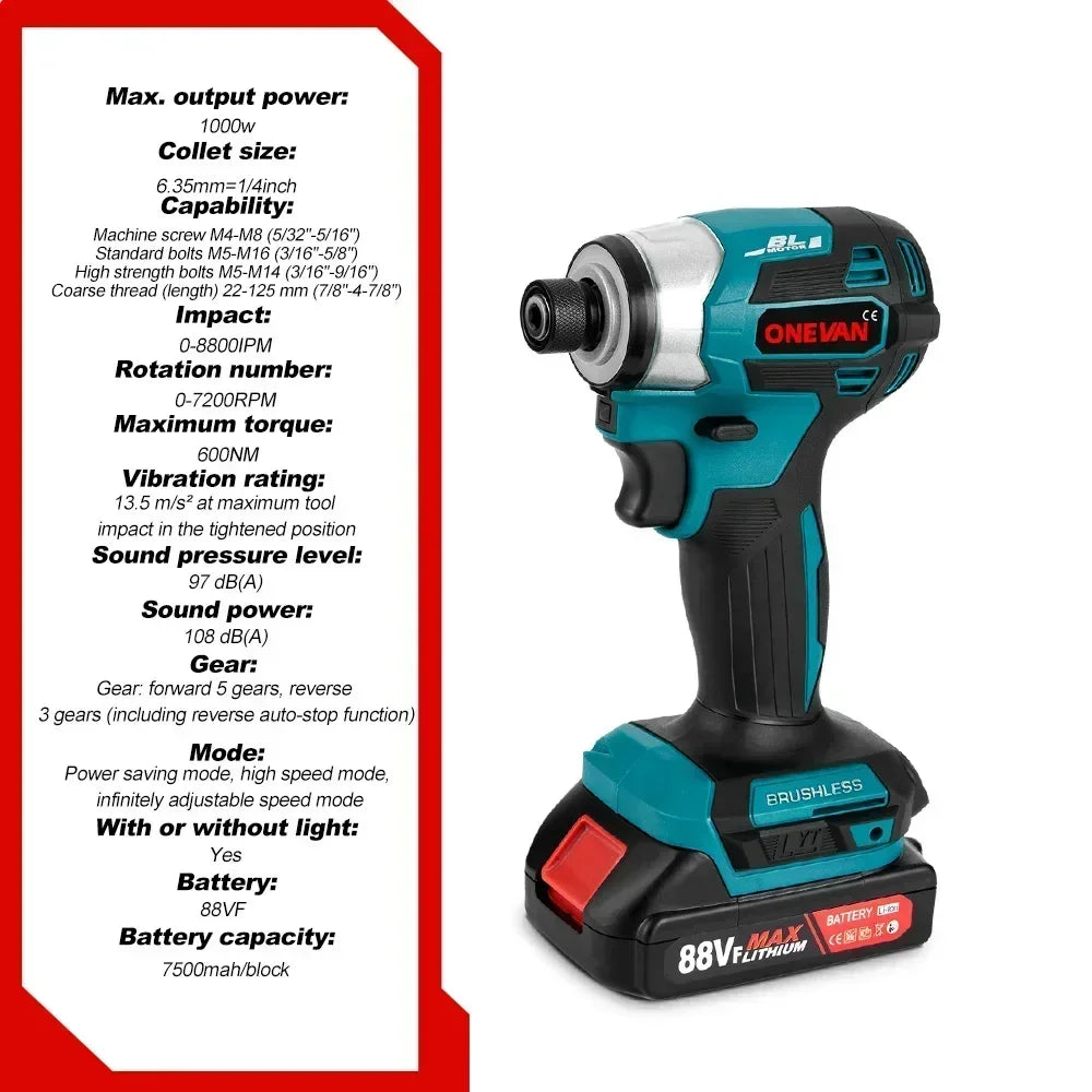 Visseuse à percussion électrique sans fil ONEVAN 600 N.m, 5 vitesses, compatible batterie Makita 18V