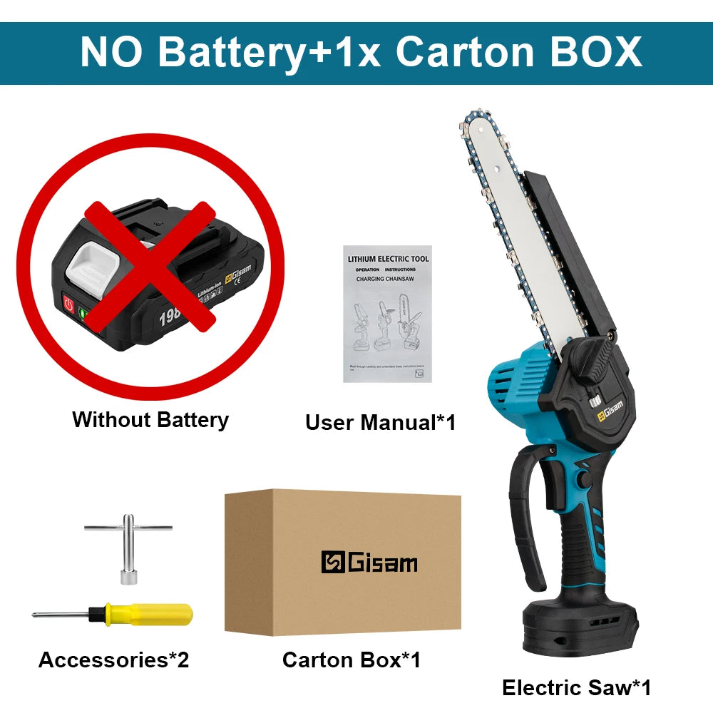 Gisam 8'' Brushless Mini Chainsaw Cordless Electric Saw Rechargeable Woodworking Garden Pruning Saw for Makita 18V Battery Pin