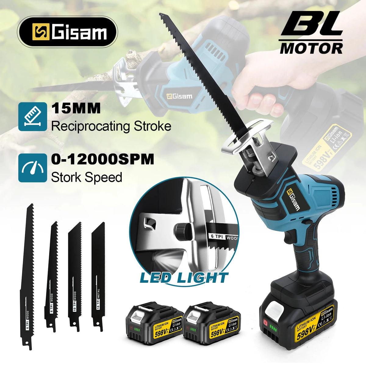 Scie alternative sans balais Gisam 3600W, 12000 tr/min, outil électrique pour la découpe de bois, métal et tuyaux, compatible avec les batteries Makita 18V