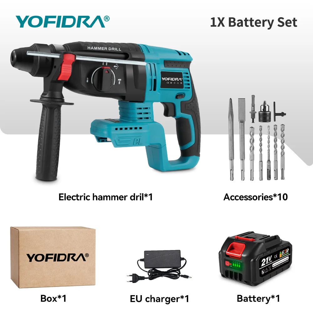 Perceuse à percussion sans fil YOFIDRA, marteau perforateur électrique sans balais 26 mm, ensemble d'outils électroportatifs pour le travail du bois, compatible avec batterie Makita 18V