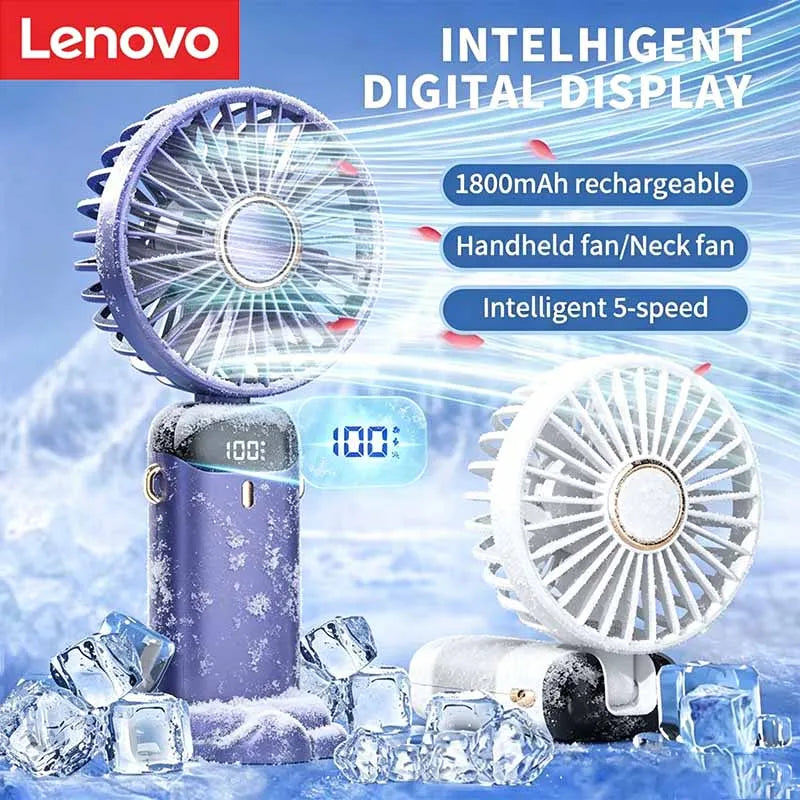 Ventilateur portatif pliable Lenovo, ventilateur tour de cou, 5 vitesses, rechargeable par USB, avec support de téléphone et écran d'affichage, 1800 mAh