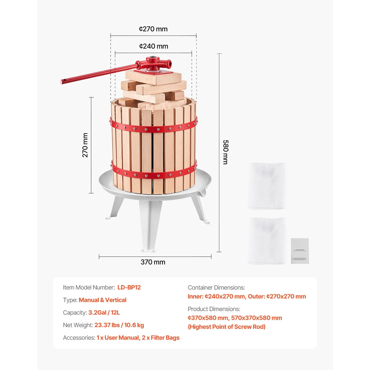 SucceBuy 6L 12L Fruit Wine Press Solid Wood Basket with 8 Blocks Heavy Duty Manual Juice Maker Cider Apple Grape Making Press
