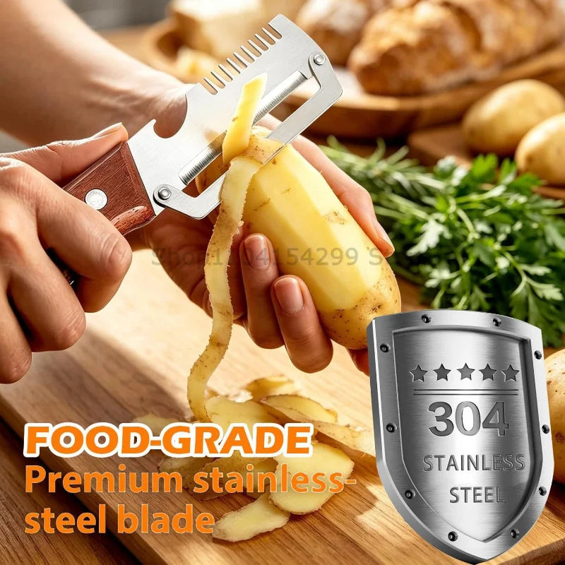 New Paring Knife Ergonomic Wood Handle Knife Stainless Steel Vegetable Peeler with Wooden Handle 2-in-1 Fruit Potato Peeler