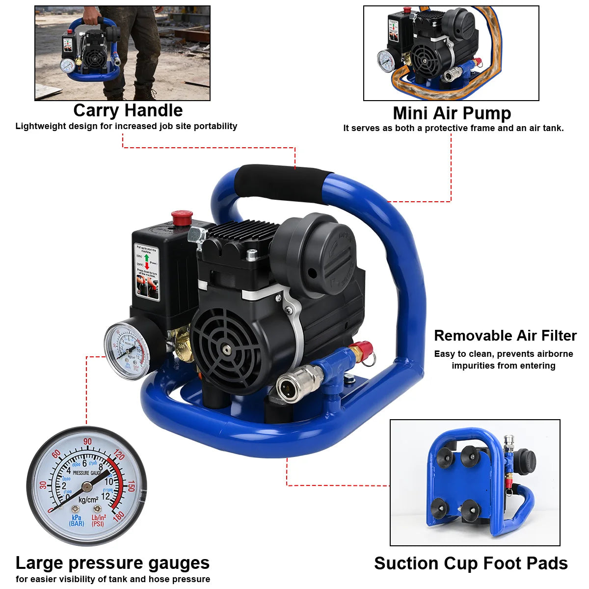 Compresseur d'air électrique Gisam 1,5 L, 8 bars, 120 PSI, sans huile, portable, pour réparation, gonflage de pneus, peinture automobile, bricolage, outil haute puissance pour batterie Makita 18 V