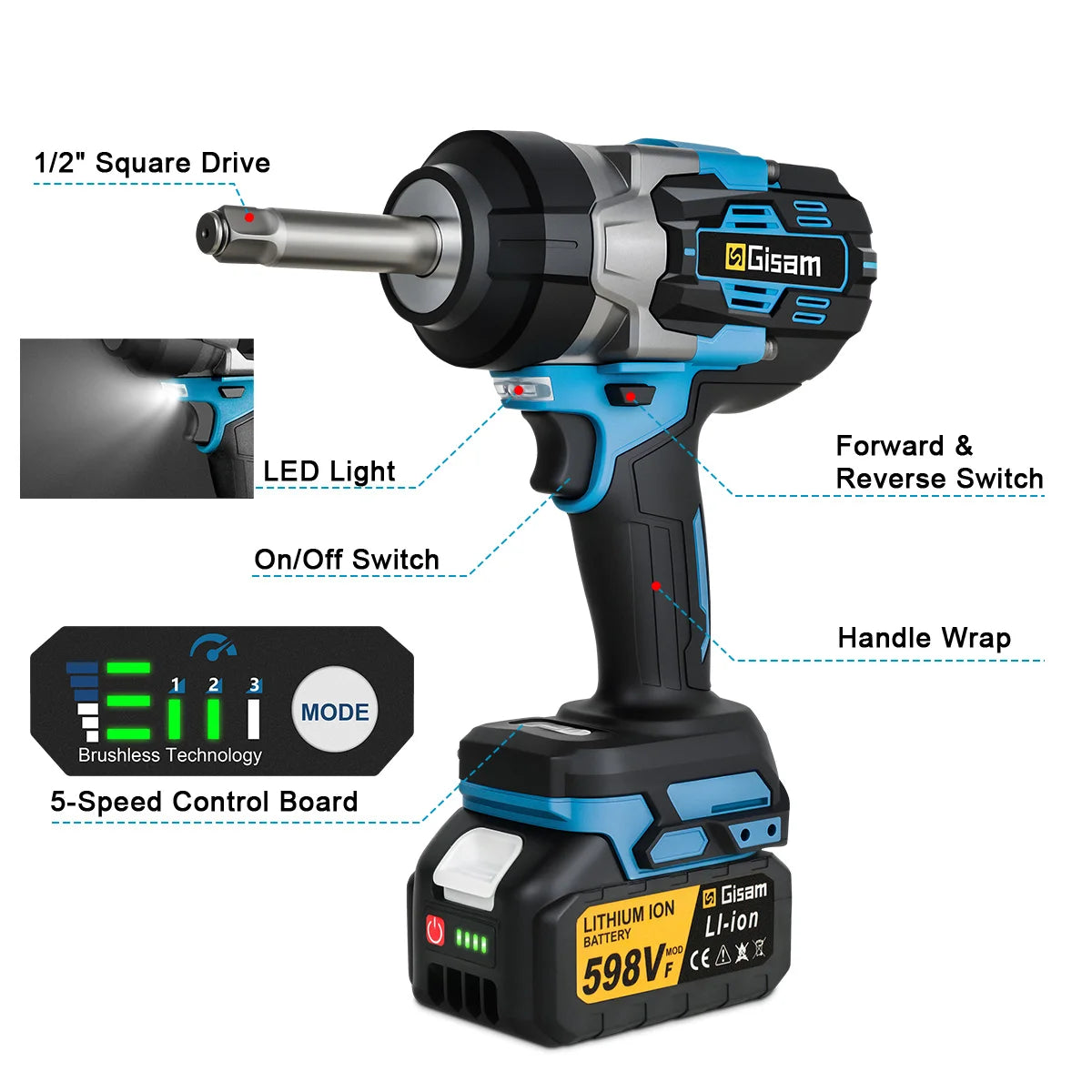 Gisam 2800N.M Brushless Electric Extended Anvil Impact Wrench 1/2'' Cordless Electric Wrench Tool For makita 18v battery pins