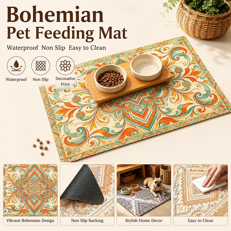 Bohemian Pet Feeding Mat Waterproof Non Slip Dog Cat Bowl Placemat Easy Clean Vintage Persian Style Floor Protector