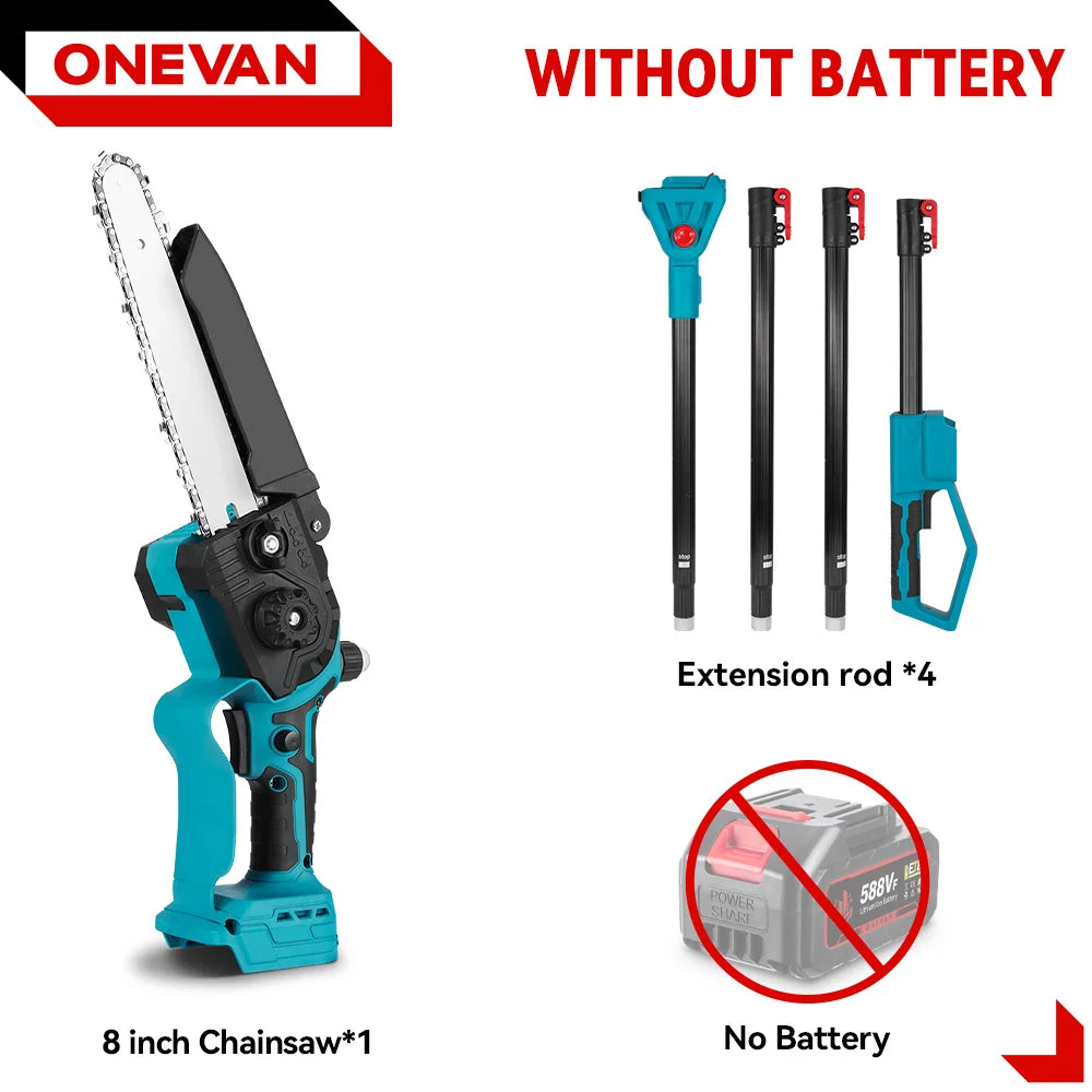 ONEVAN 8 inch borstelloze telescopische elektrische stokkettingzaag met oliepomp, takkenzaag voor hooggelegen takken, tuingereedschap voor 18V-accu