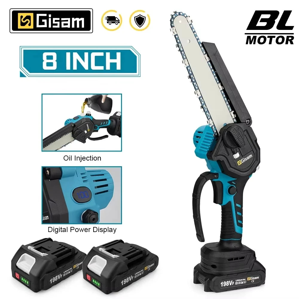 Gisam 8 inch borstelloze elektrische zaag, eenhandige elektrische kettingzaag, houtbewerkings- en tuingereedschap, snoeizaag voor Makita 18V accu