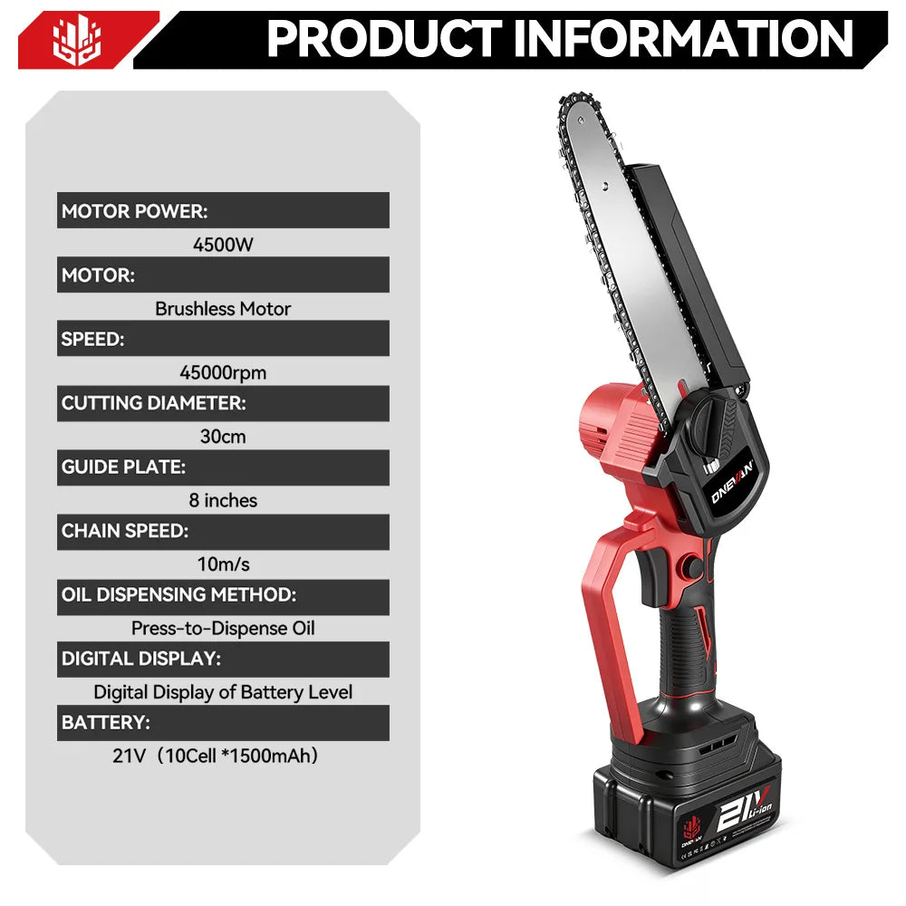ONEVAN 8Inch Brushless Electric Chainsaw 4500W Cordless Electric Saw Rechargeable Woodworking Tool For Makita 18V Battery Pin