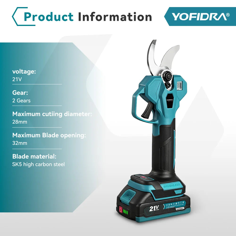 YOFIDRA 32MM 2-versnellingen borstelloze elektrische snoeischaar draadloze snoeischaar fruitboomtak elektrisch gereedschap voor Makita accu pin