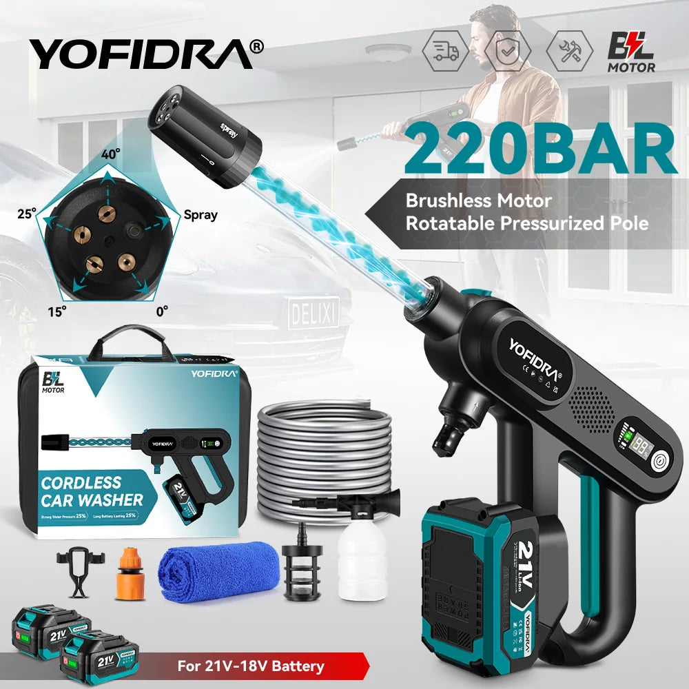 YOFIDRA 220Bar Brushless Electric High Pressure Car Washer Gun Water Spray Gun Garden Washing Power Tools For Makita Battery Pin